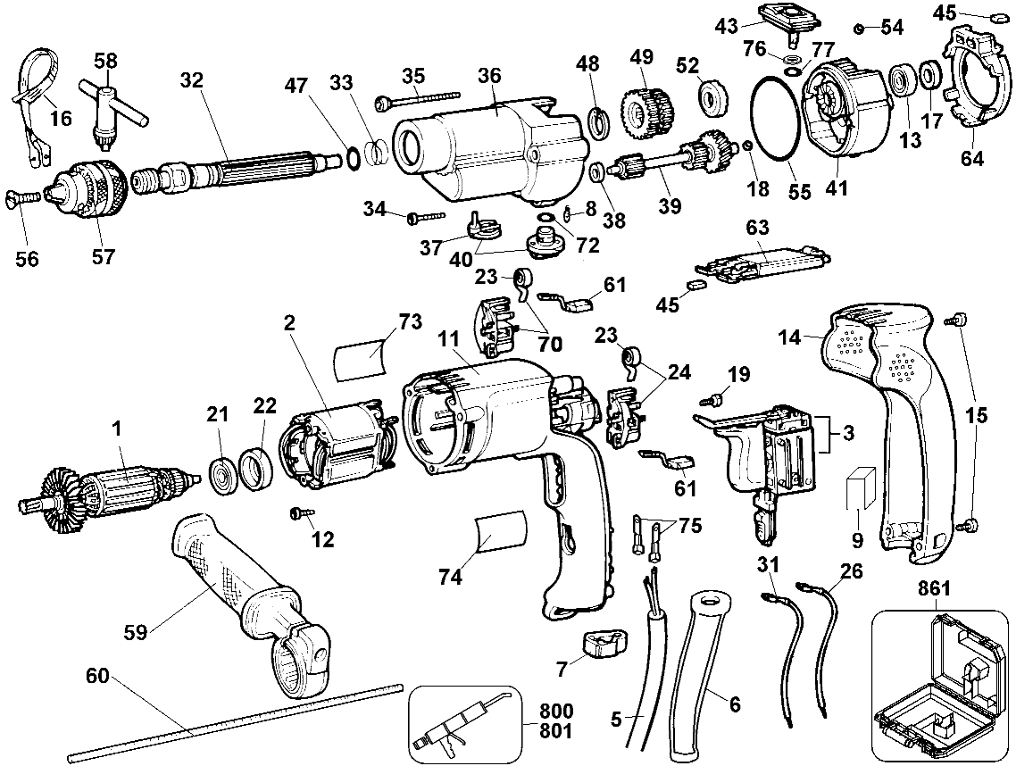 Default Diagram and Parts List for 5075K Type 100 Black and Decker Electric Drill